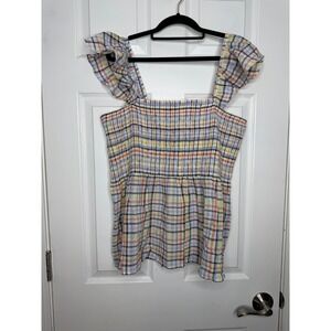 LOFT Rainbow Plaid Smocked Flutter Sleeve Peplum Top Size XL
